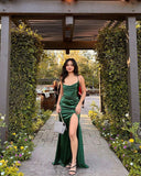 Sexy Sheath Spaghetti Straps Dark Green Slit Prom Dresses For Teens Formal Dress Party Outfits Prom Gown HZ0311