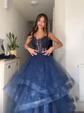 Unique Ball Gown Spaghetti Straps Navy Blue Tulle Lace Prom Dresses Party Dress 21st Birthday Outfits Graduation Dress HZ0311