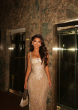 Lavish Mermaid Square Sleeveless Beaded Mermaid Prom Dress Formal Evening Gowns HZ0311
