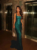 Lavish Mermaid Square Sleeveless Beaded Mermaid Prom Dress Formal Evening Gowns HZ0311