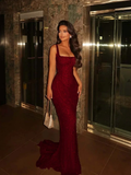 Lavish Mermaid Square Sleeveless Beaded Mermaid Prom Dress Formal Evening Gowns HZ0311
