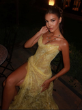 Unique Mermaid Sweetheart Yellow Lace Slit Prom Dresses Long Party Dress 21st Birthday Outfits Graduation Dress HZ0311
