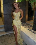 Unique Mermaid Sweetheart Yellow Lace Slit Prom Dresses Long Party Dress 21st Birthday Outfits Graduation Dress HZ0311
