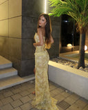 Unique Mermaid Sweetheart Yellow Lace Slit Prom Dresses Long Party Dress 21st Birthday Outfits Graduation Dress HZ0311