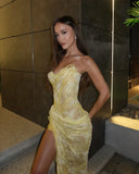 Unique Mermaid Sweetheart Yellow Lace Slit Prom Dresses Long Party Dress 21st Birthday Outfits Graduation Dress HZ0311