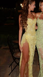 Unique Mermaid Sweetheart Yellow Lace Slit Prom Dresses Long Party Dress 21st Birthday Outfits Graduation Dress HZ0311