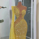 Gorgeous Sequined One Long Sleeve Evening Dresses Luxury O-Neck O-Neck Floor Length Mermaid Prom Dress HZ0311