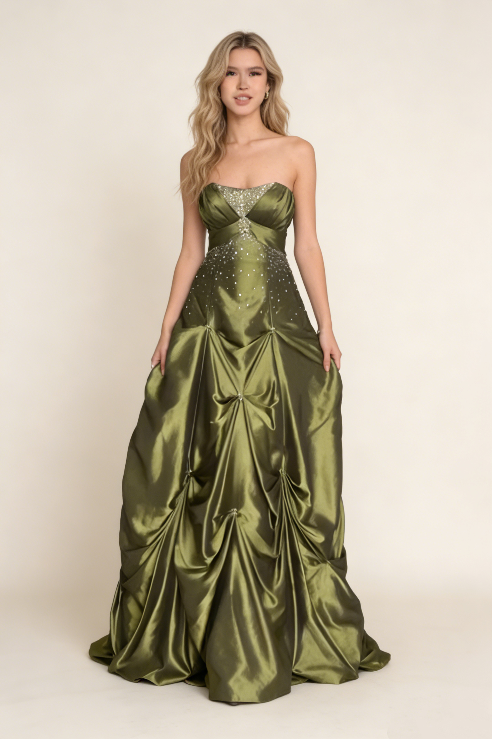 Vintage Beading Strapless A-Line Green Evening Ball Gown Birthday Gown HZ0427