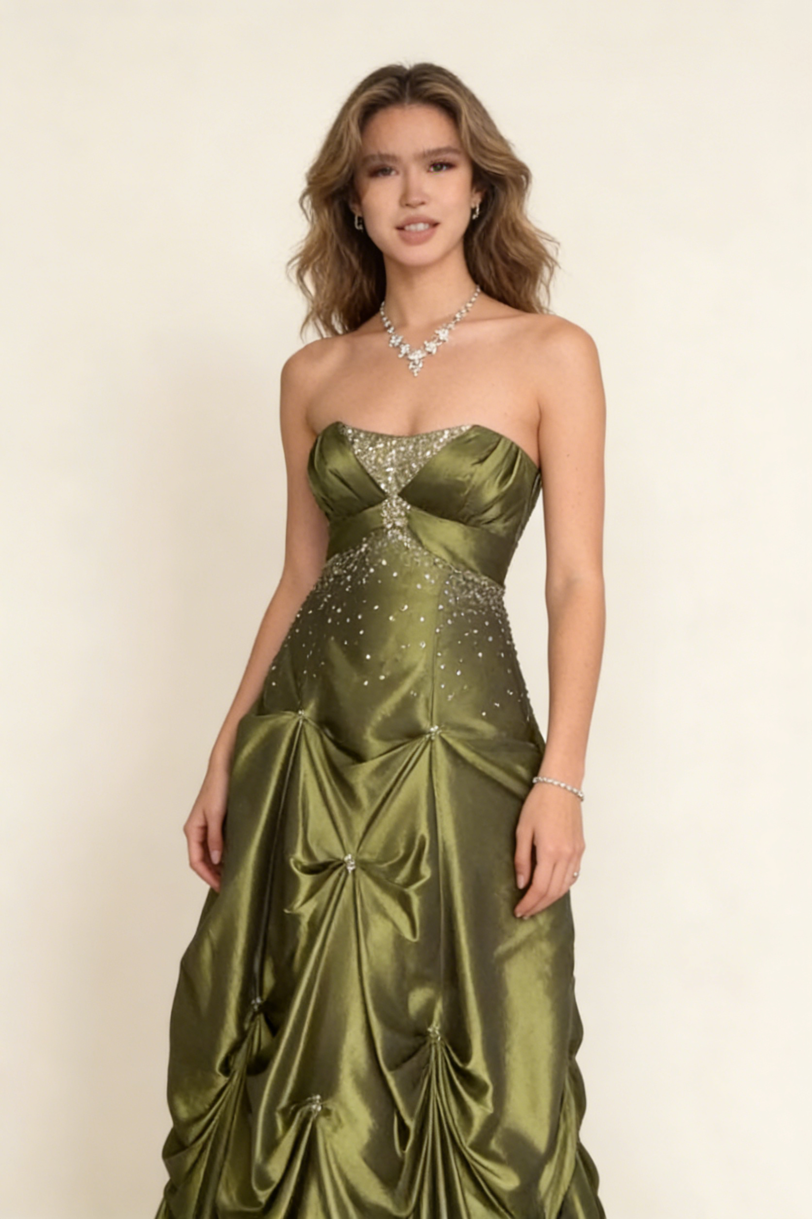 Vintage Beading Strapless A-Line Green Evening Ball Gown Birthday Gown HZ0427