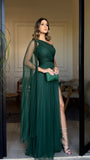 Women's Cocktail Party Gowns A line One Shoulder Dark Green Tulle With Slit Pleated Long Graduation Dinner Outfit Prom Dresses HZ0311