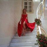 Sexy A line Spaghetti Strap Sleeveless Red Long Satin Prom Dress Inspo Prom Gown HZ0311