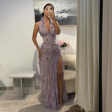 Gorgeous Mermaid Halter Neck Green Long Party Dress With 3D Flowers Evening Gowns HZ0311