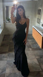 Elegant Mermaid Spaghetti Straps Black Long Floor Length Prom Dress Inspiration Prom Dresses HZ0311
