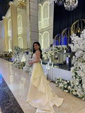 Sexy A line Halter Yellow Long Train Satin Prom Dress Inspo Prom Gown HZ0311