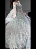 Glittery A line Off The Shoulder With Beads Sleeves Tiered Prom Dresses Inspiration Long Night Outfits 18th Birthday Outfits HZ0311