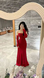Modest Mermaid Strapless Red Satin With Sleeves Prom Dresses Party Dress 21st Birthday Outfits Graduation Dress HZ0311