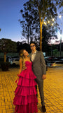 Charming Ball Gown Sweetheart Hot Pink Satin Inspiration Sleeveless Long Prom Dresses Wedding Guest Dress Classy Prom Gowns HZ0311
