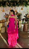 Sexy A Line Strapless Hot Pink Chiffon Evening For Women Party Dresses Long Formal Prom Dress 18th Birthday Gown HZ0311