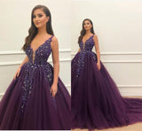 Ball Gown V Neck Purple Tulle Prom Dresses Graduation Dance Evening Outfits HZ0311