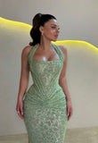 Shinning Mermaid Halter Sequin Mint Green Prom Dresses For Teens Formal Dress Party Outfits Prom Gown HZ0311