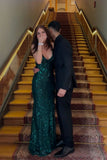 Modest Mermaid Spaghetti Straps Dark Green Lace Sequins Long Prom Dresses For Women HZ0311
