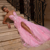 Illusion Pink Prom Dress for Party A Line Lace Appliqued Formal Cocktail Dress Princess Slit Birthday Gowns HZ0311