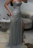 Sweetheart Sleeveless Ruch Side Slit Sheath Sparkly Prom Dresses HZ0311