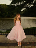 Fitted A line Square Neck Pink Satin Sleeveless Ankle Length Prom Dresses HZ0311