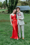 Cheap Mermaid Spaghetti Straps Red Silk Satin Long Floor Length Prom Dress Inspiration Prom Dresses HZ0311