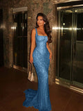 Lavish Mermaid Square Sleeveless Beaded Mermaid Prom Dress Formal Evening Gowns HZ0311