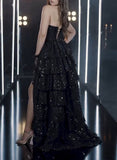 Gorgeous A Line Strapless Sleeveless Lace Up Floor-Length Black Slit Prom Dresses Vestidos Evening Gowns HZ0311