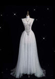 Charming Women's A Line Spaghetti Straps Sleeveless White Tulle Pleated With Beads Long Wedding Dresses HZ0311