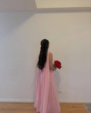 Simple A line Strapless Pink Chiffon With Scarf Ruched Long Evening Prom Dresses Wedding Guest Dress HZ0311
