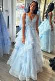 Chic Ball Gown Prom Dress Women V Neck Light Sky Blue Tulle Long Formal Dance Evening Party Gowns HZ0311