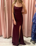 Modest Mermaid Halter Burgundy Wine Red Prom Dresses With Slit Evening Party Formal Gown 20th Birthday Outfits HZ0311