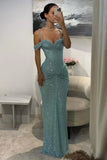 Blue Sequins Party Dress Off the Shoulder Sleeveless Prom Dress Evening Dress HZ0311