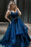 Modest Ball Gown Spaghetti Strap Navy Blue Tulle Prom Dresses Long Sweet 16 Birthday Party Dress Evening Dresses HZ0311