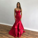 Simple Mermaid Sweetheart Red Satin For Women Party Dresses Long Formal Prom Dress 22th Birthday Gown HZ0311