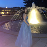 Modern A Line Spaghetti Straps Blue Tulle Prom Dress Fashion Aesthetic For Teens Formal Dresses Party Outfits Prom Gown HZ0311