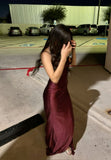 Simple Mermaid Spaghetti Strap Sleeveless Wine Red Burgundy Long Satin Prom Dress Inspo Prom Gown HZ0311