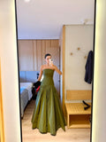 Chic A line Strapless Olive Green Satin Basque Waist Corset Sleeveless Evening Formal Prom Dresses HZ0311