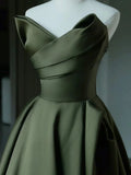 Graceful A line Strapless Green Satin Strapless Pleats Prom Dress Party Gowns HZ0311
