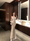 Sexy Off The Shoulder Lace Mermaid With Long Sleeves Modest Prom Dresses For Women HZ0311