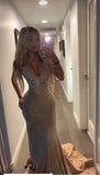 Sexy Mermaid V Neck Gold Satin Slit Prom Dress With Beads HZ0311