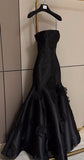 Classy Elegant A Line Strapless Marine Ball Dresses Long Dinner Formal Gowns Black With Flowers Prom Dresses Evening Outfit HZ0311