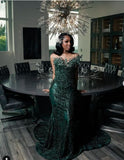 Luxury One Shoulder Satin Beaded Evening Dress Emerald Green Mermaid Prom Dresses HZ0311