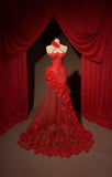 Modest Mermaid Halter Red Tulle Prom Dresses With Flowers Appliques Evening Party Formal Gown 20th Birthday Outfits HZ0311