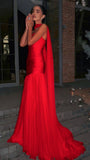 Simple Mermaid Strapless Red Sleeveless Chiffon Simple Evening Formal Prom Dresses With Scarf HZ0311