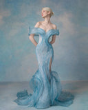 Modest Mermaid Off The Shoulder Ice Blue Tulle With Slit Evening For Women Party Dress Long Formal Prom Dresses 22th Birthday Outfits HZ0311