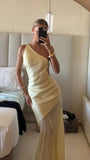 Simple Sheath One Shoulder Prom Dresses Women Yellow Chiffon Sleeveless Vacation Wedding Guest Gown HZ0311